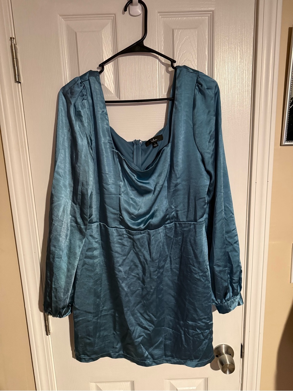 Lulu's Teal Satin Cowl-Neck Long Sleeve Dress